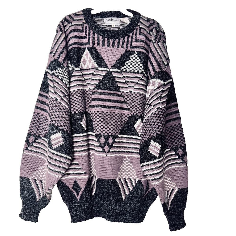 Vintage Santana 90s Geometric Grandpa Sweater M Mauve Black Cream Indie